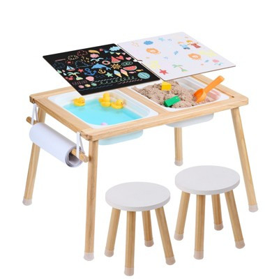 Sensory Table and Chairs Set, Toddlers Activity Table with 2 Stools, Storage Bins & Paper Roll Holder, Wooden Kids Sand Water Table,... | Target