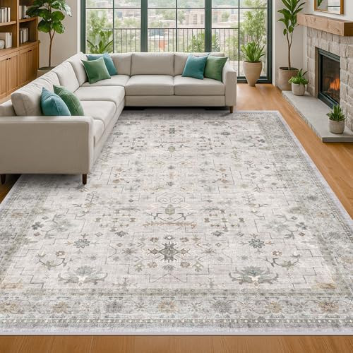 Hazo Haus Boho Light Grey Living Room Rug 8x10 - Modern Vintage Eclectic Floral Pastel Neutral Taupe, Washable Low Pile Non-Slip Extra Large Area Rugs for Dining Under Table Bedroom Lounge | Amazon (US)