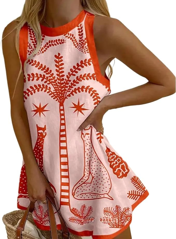 Women Boho Sea Life Print Mini Tank Dress Sleeveless Causal Summer Beach Vacation A Line Loose Sh... | Amazon (US)