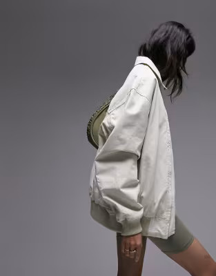 Topshop oversized cotton collar bomber jacket in stone | ASOS (Global)