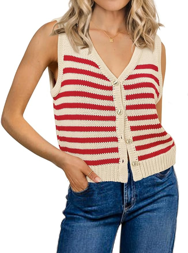 Womens Striped Sweater Vest Sleeveless Ribbed Tank Tops Color Block 2025 Trendy Button Down Shirt... | Amazon (US)