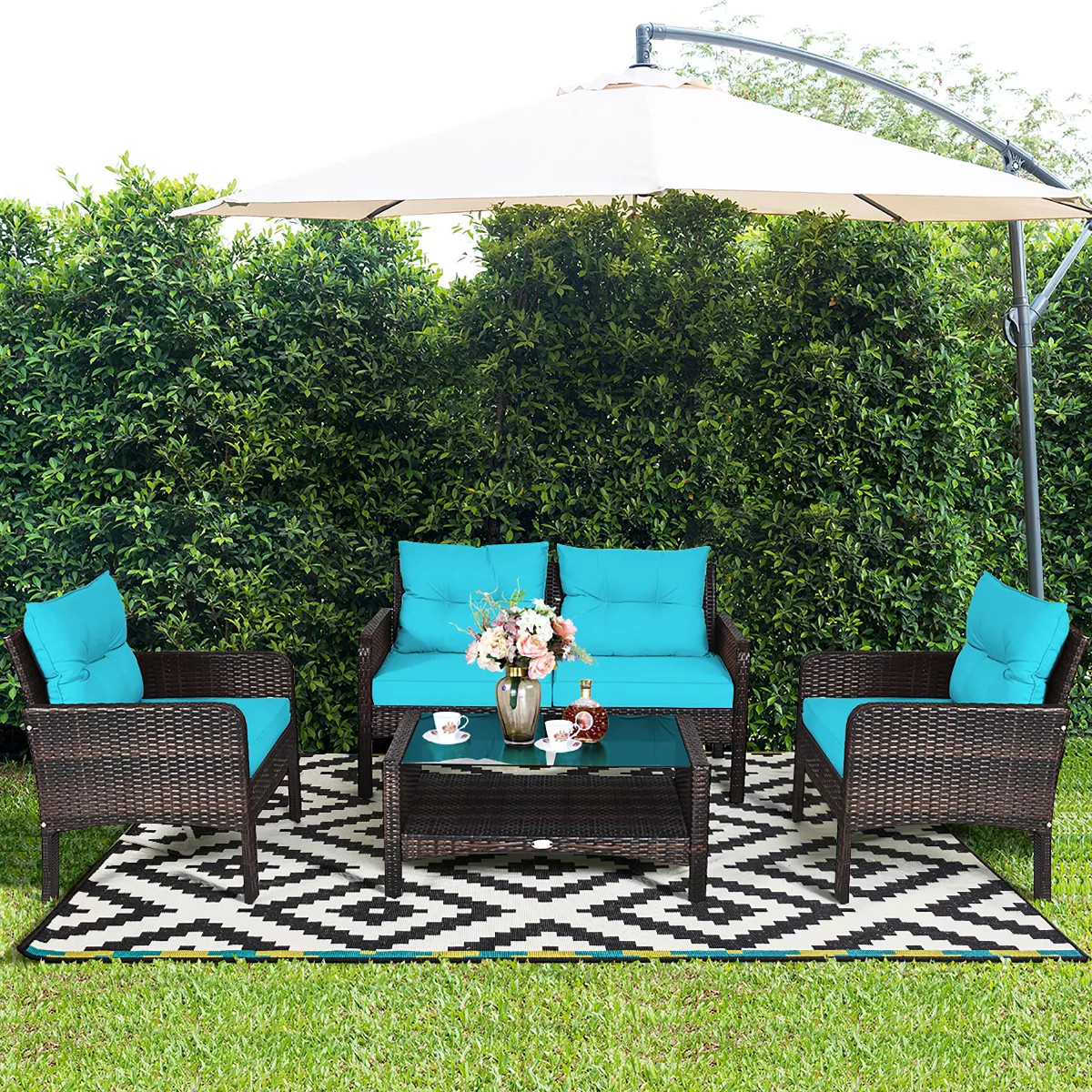 Costway 4PCS Patio Rattan Furniture Set Loveseat Sofa Coffee Table W/Turquoise Cushion | Target