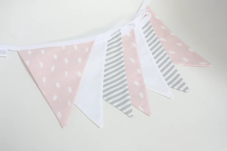 Flag Bunting, Banner, Nursery Decoration, Dusty Pink Grey White, Wall Hanging | Etsy (US)