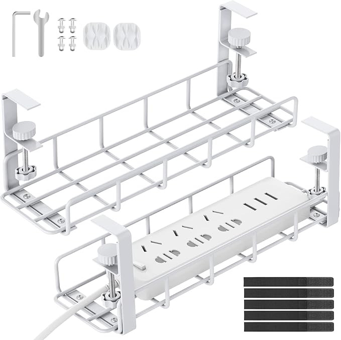 Under Desk Cable Management Tray, 15.7'' White No Drill Steel Desk Cable Organizers, Wire Managem... | Amazon (US)