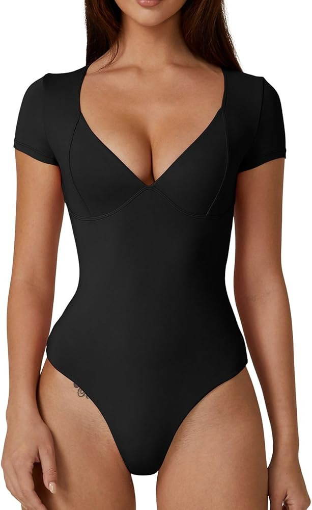 QINSEN Women's V Neck Bodysuit Short Sleeve Body Suits Seamed Cup Going Out Tops Shirt | Amazon (US)