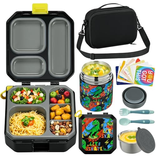 Itslife Bento Lunch Box Set for Kids with 12oz Soup Thermo&Lunch Bag, Leak-Proof Lunch Food Containers for Kids School, 5 Compartment, Sauce Cup, 10 Notes (Dinosaurs Black) | Amazon (US)
