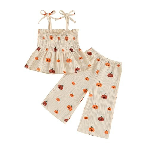 POZMTIORE Toddler Baby Girl Halloween Outfits 2 Pcs Set Pumpkin Smocked Tie-up Spaghetti Camisole And Linen Pants (Apricot, 12-18 Months) | Amazon (US)