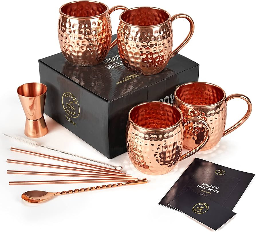 ALARUE Moscow Mule Copper Mugs Set - 4 Authentic Handcrafted Mugs (16 oz.) with 4 Copper Straws, ... | Amazon (US)
