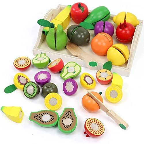 Fajiabao Wooden Toys Play Food Sets for Kids Kitchen Accessories Cutting Montessori Toys for 2 Ye... | Amazon (US)