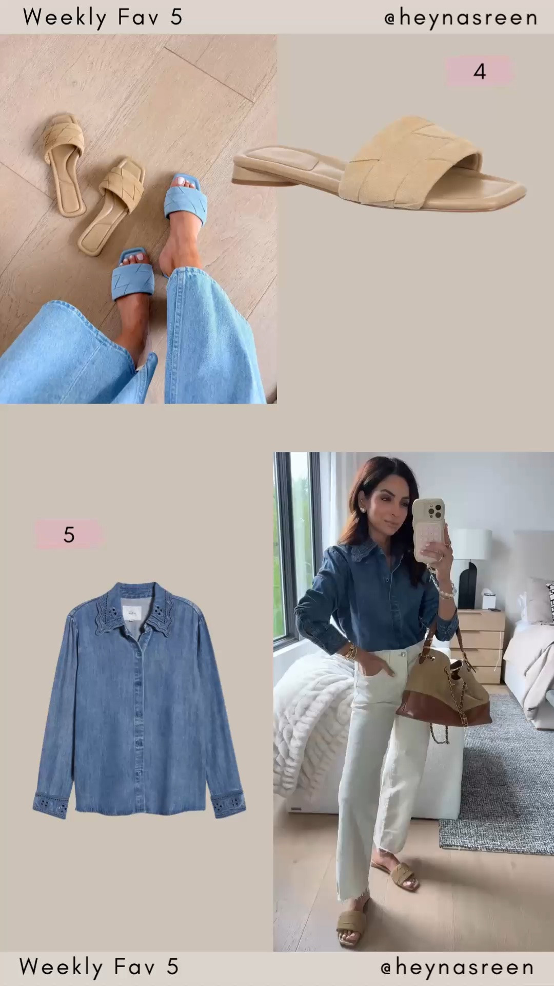 Fav 5:
#4: Nordstrom sandals that look designer for less! I’m wearing my true size. 
#5: The softest chambray shirt, I’m wearing my true size XS.