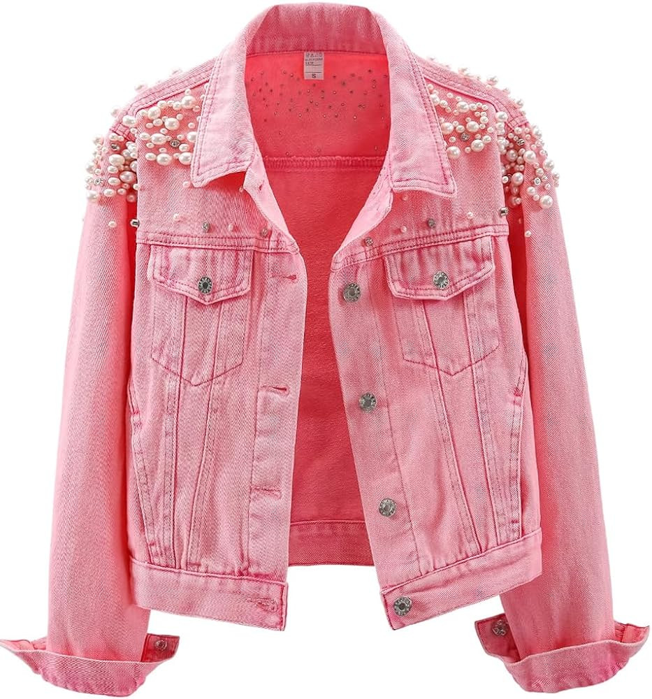 Kedera Women's Embroidered Rivet Pearl Short Denim Jacket Coat | Amazon (US)