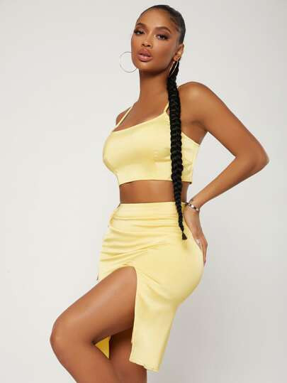 SHEIN SXY Crop Satin Cami Top & Split High Skirt Set | SHEIN