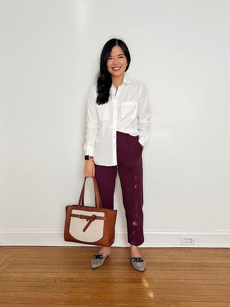 Fall casual outfit, LOFT, transitional outfit, teacher outfit idea, business casual work outfit,: white button up shirt (XS), short sleeve mock neck top, burgundy pants (27P), brown canvas tote bag, plaid mule loafers (TTS).

#LTKunder50 #LTKworkwear #LTKSeasonal
