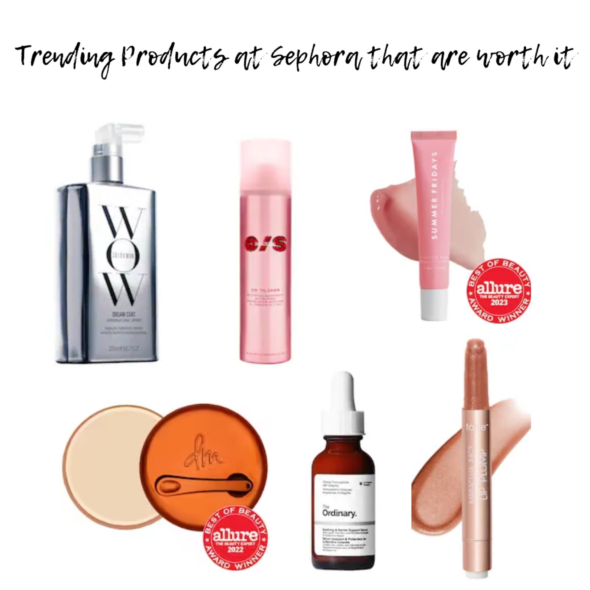 trending products at sephora that are worth it 

colorwow dream coat anti frizz spray - silky, frizz free hair after styling. Use on damp hair after the shower and before styling your hair. my hair has no frizz and looks so shiny after using

one size waterproof setting spray - this is actually waterproof, and your make up does. not. move. 

summer fridays lip butter balm -  As someone that has unlimited access to aquaphor I never used other lip balms until my husband bought this for me and it hydrates my lips just as well as aquaphor. The lip color is an added bonus. I love the pink sugar color.

danessa myricks yummy skin blurring balm powder - this is my base. I applied this to my t-zone prior to my foundation. It contains upsalite, a new technology that absorbs excess oil (sebum) and sweat while maintaining skin's hydration. I use the universal shade so it is clear. I notice I am definitely less oily throughout the day when I use this, and yes you can still apply setting powder over your makeup when you're done. 

The ordinary soothing & barrier support serum - I used the whole bottle. This is great for hydrating and soothing the skin, and also helps redness. It is a great product and the price is great too. 

tarte maracuja juicy lip plump - These are super shiny, and give a nice lip plump. I love the colors 

#LTKbeauty #LTKsalealert #LTKxSephora