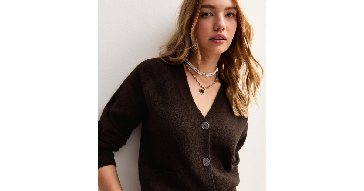 Dark Brown Button Front Patch Pocket Cardigan | New Look | New Look (UK)