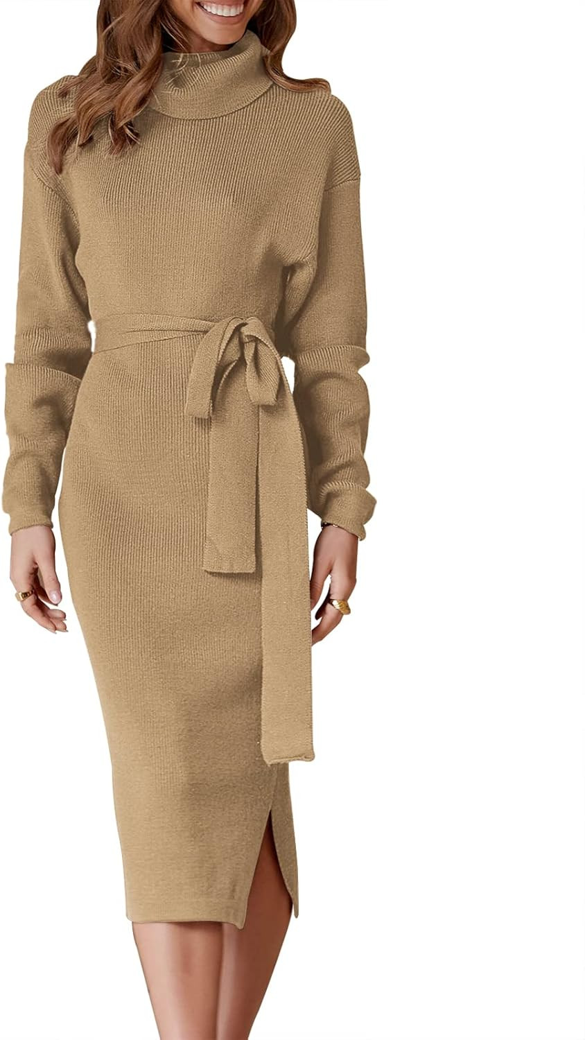 ANRABESS Women's Turtleneck Long Batwing Sleeve Chunky Knit Slit Slim Bodycon Tie Waist Pullover ... | Amazon (US)