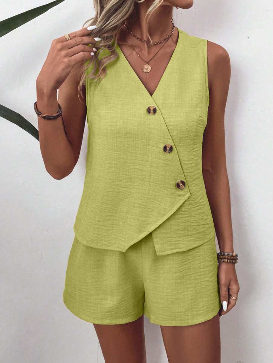 EMERY ROSE Women's Solid Color V-Neck Sleeveless Front Button Textured Fabric 2-Piece Set | SHEIN