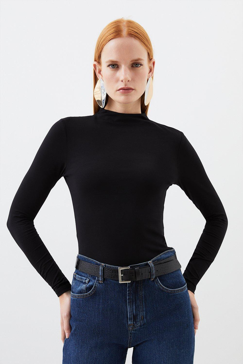 Stretch Cotton Funnel Neck Top | Karen Millen UK + IE + DE + NL