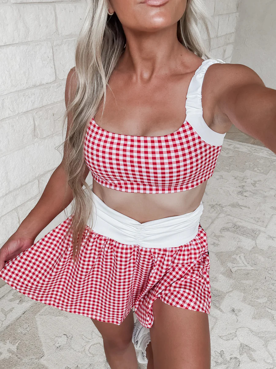 Game, Set, Glow Gingham Print Scrunched Sports Bra and Ruched Waistband Mini Skort Set | CK Squared Boutique