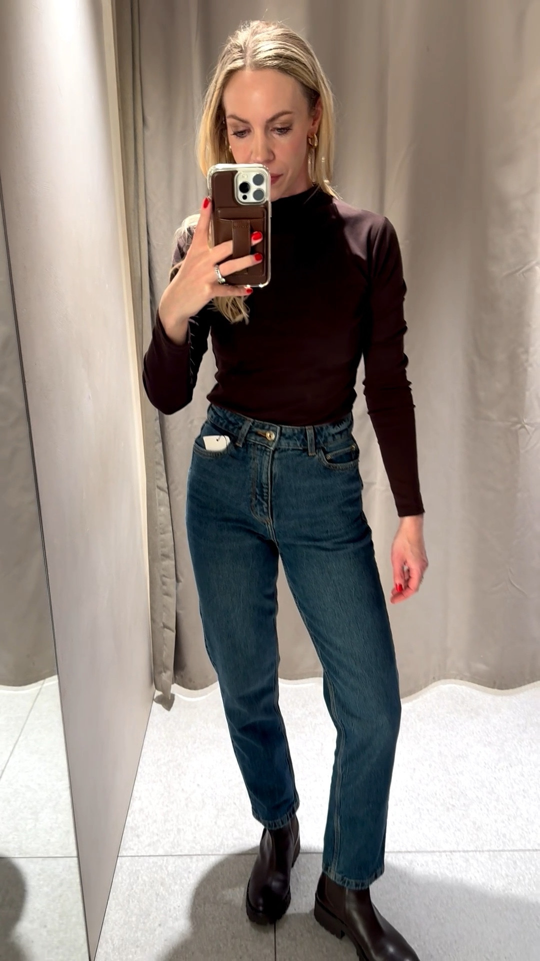 Zara chocolate brown mockneck tee (under $30) and mom jeans (under $50) - both of these are closet staples for me!

#LTKFindsUnder50 #LTKSeasonal #LTKOver40