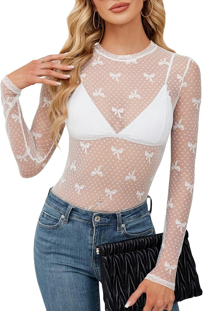 Women's Lace Long Sleeve Mesh Top Mock Neck Sheer Blouse See Through Floral Crochet Tops | Amazon (US)