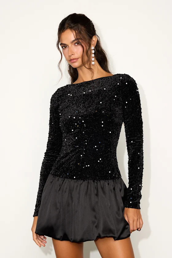 Event Aura Black Sequin Long Sleeve Mini Dress | Lulus
