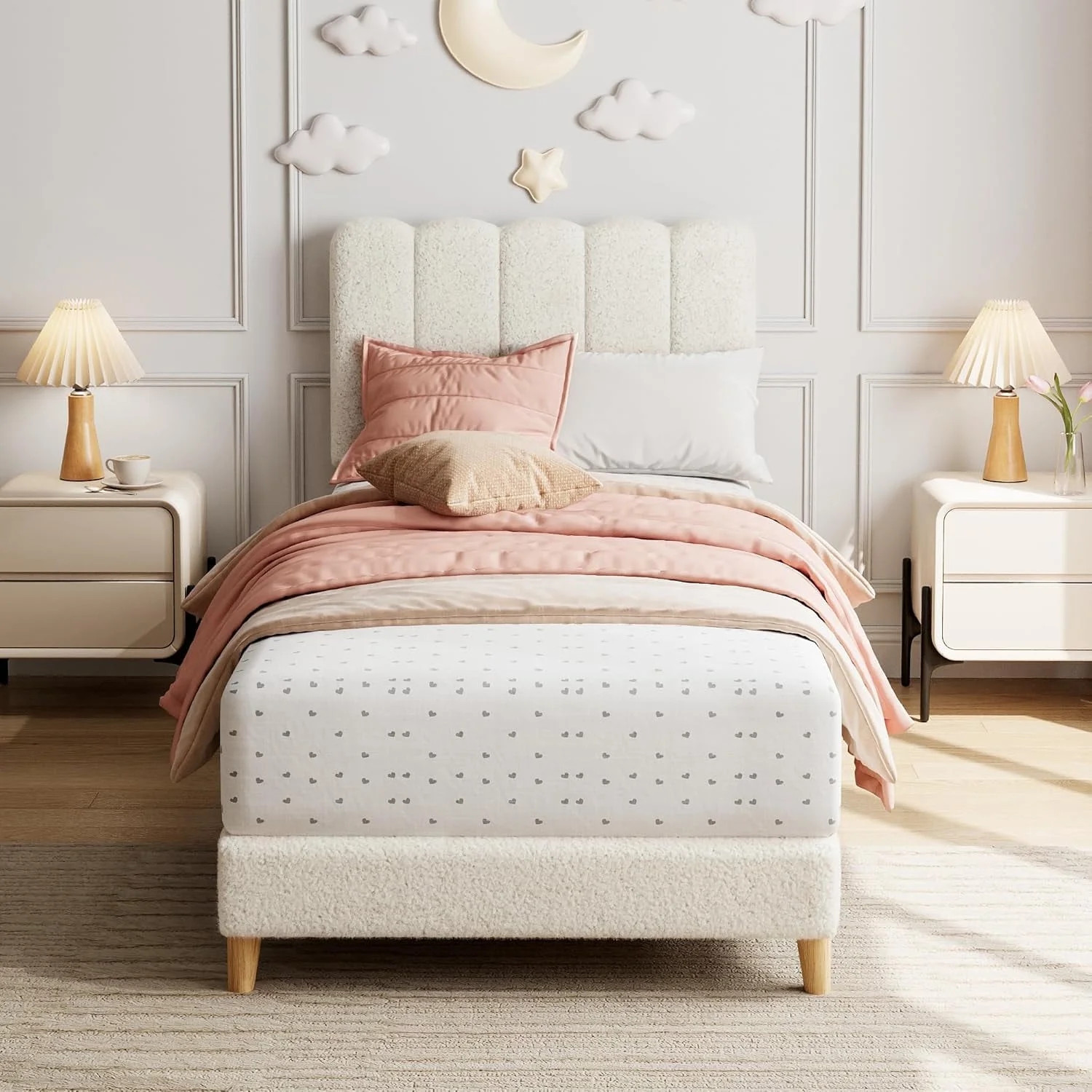 Boucle Twin Bed Frame with Wave Headboard - Upholstered Platform Bed, Wood Slat Support, No Box S... | Walmart (US)