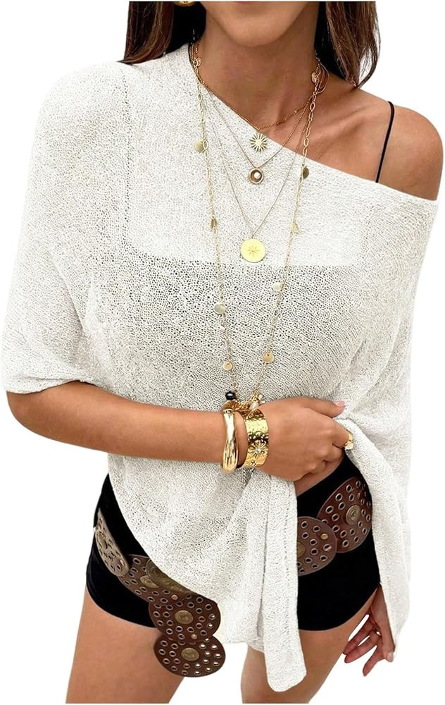 SOLY HUX Women's Sheer Poncho Top Crochet Knit Lightweight Shawl Asymmetrical Summer Cover Up Bea... | Amazon (US)