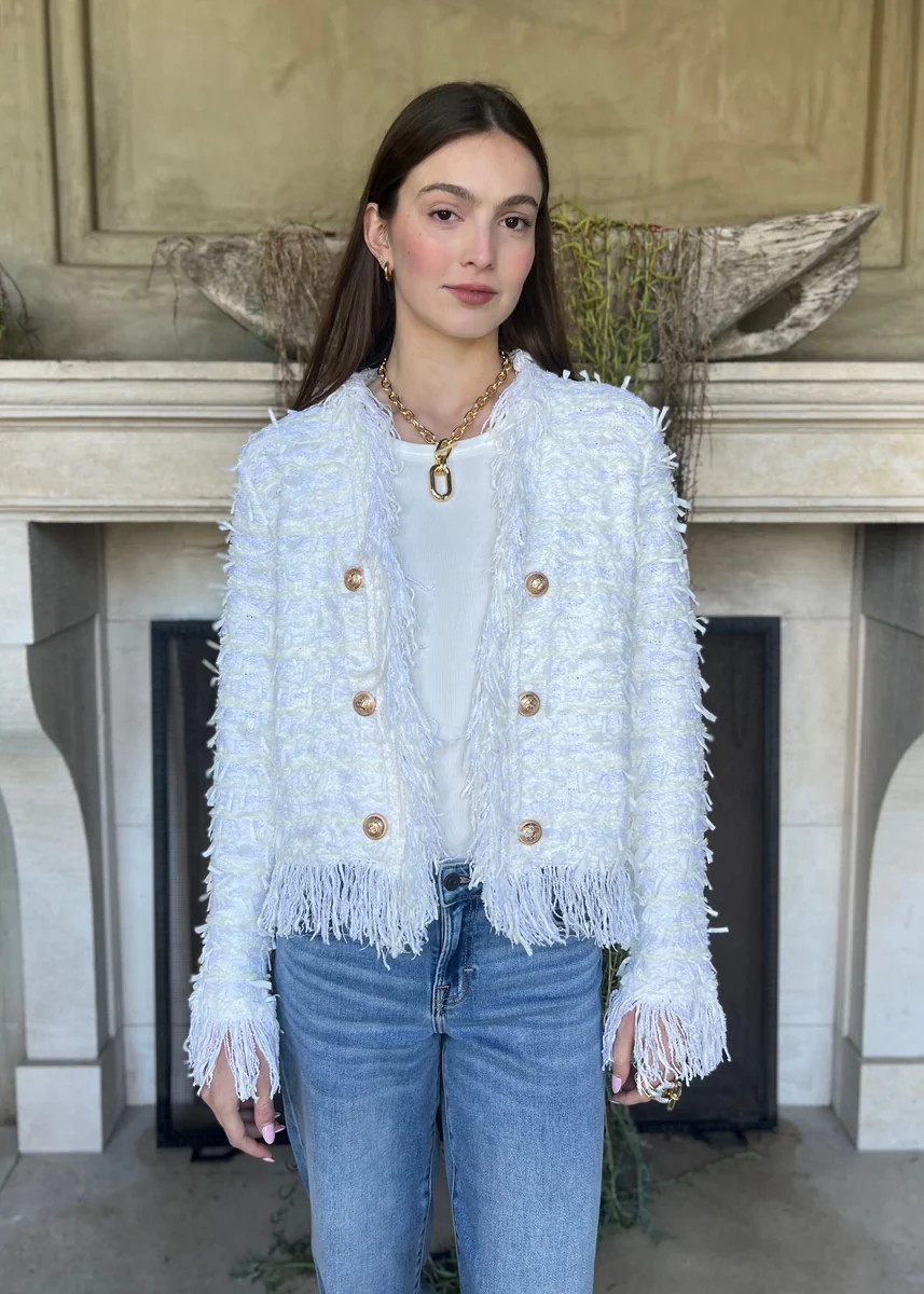 Khloe Open Front Fringe Jacket - White | Benaar La