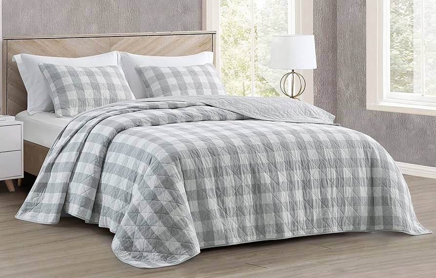Chezmoi Collection 3-Piece Gray White Plaid Cotton Quilt Set - Buffalo Check Solid Reversible Bed... | Amazon (US)
