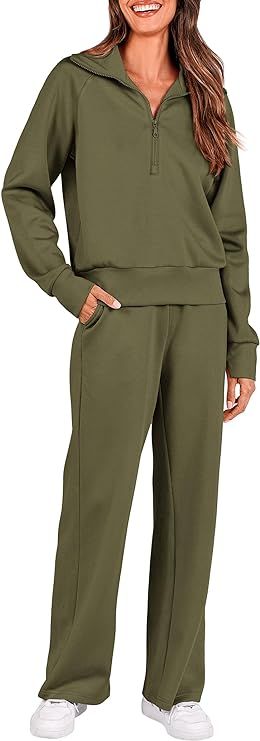 PRETTYGARDEN Women's 2 Piece Outfits Casual Lapel Half Zip Sweatshirts And Wide Leg Pants Tracksu... | Amazon (US)