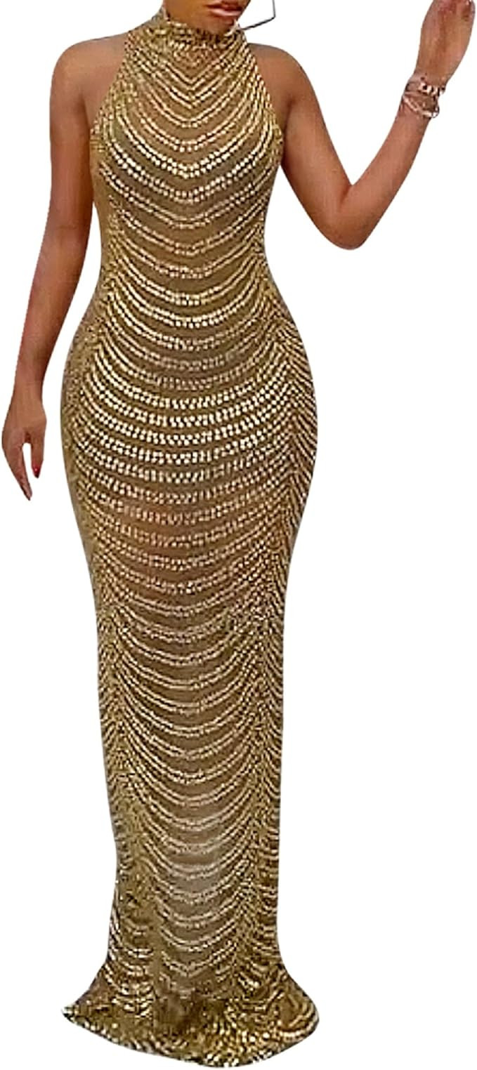 PORRCEY Women's Sexy Rhinestone Sleeveless Night Club Dress Party Clubwear for Women | Amazon (US)