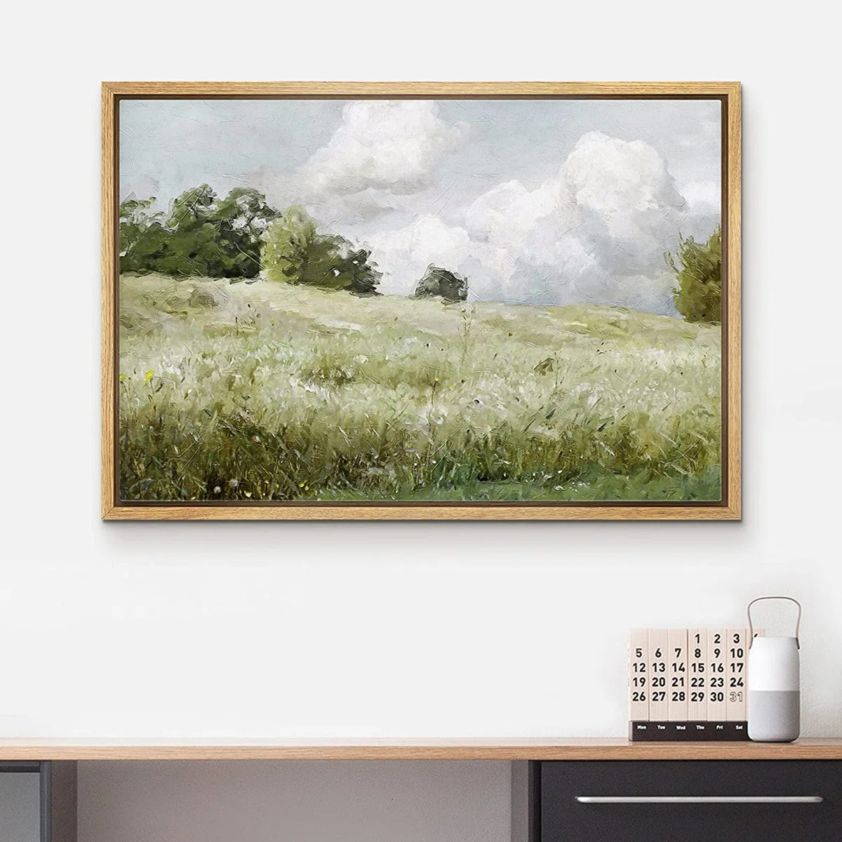 Green Meadow Under White Clouds Nature Landscape Farmhouse Wall Art Framed On Canvas Painting Pri... | Wayfair North America