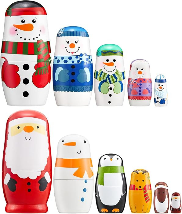 Civaner 2 Sets Christmas Holiday Santa Snowman Nesting Dolls Wooden Cute Matryoshka Russian Dolls... | Amazon (US)