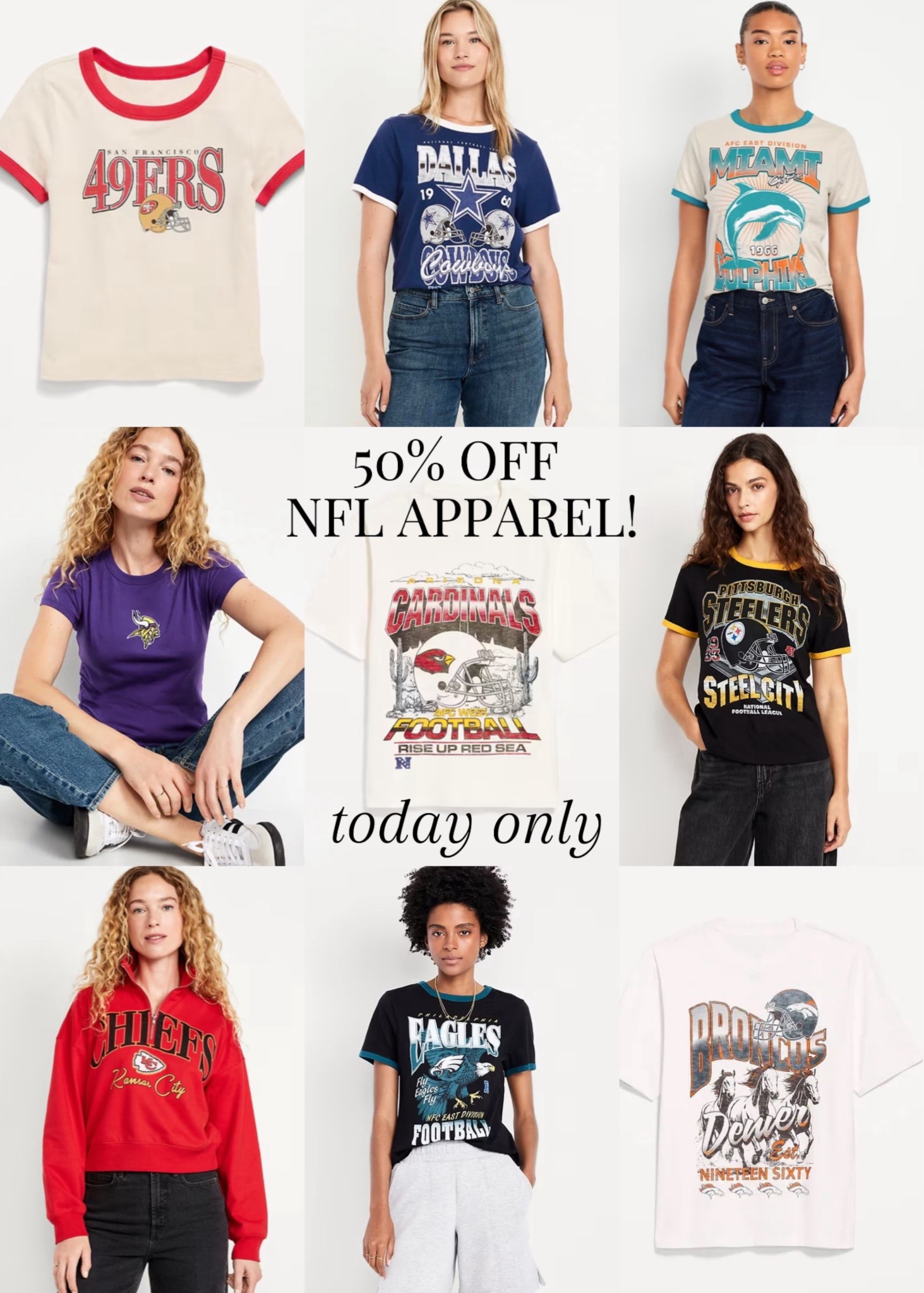 Old Navy 50% off NFL apparel tops and tees today only deal!

#LTKFindsUnder100 #LTKFindsUnder50 #LTKSaleAlert