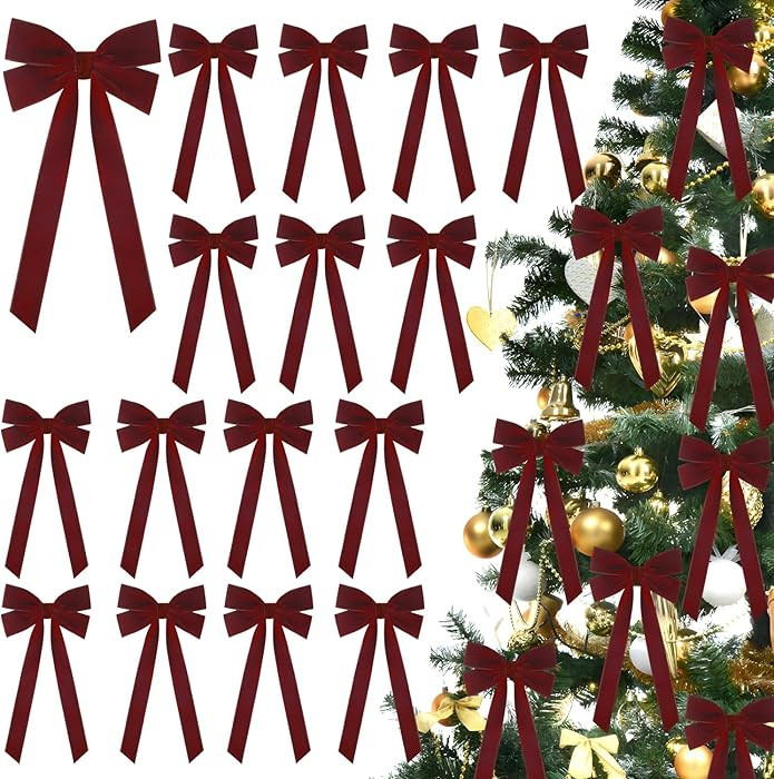 JOICEE 15Pcs Velvet Bows Christmas Tree Decorations, 5 x 12 Inch Wreath Bows Rustic Crafts Gift R... | Amazon (US)