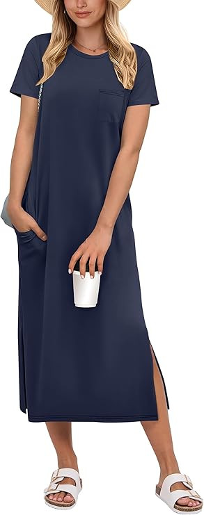 ANRABESS Womens Midi Dress,Summer Long Tshirts Dresses,Short Sleeve Split Stripe,Comfy Travel Bea... | Amazon (US)