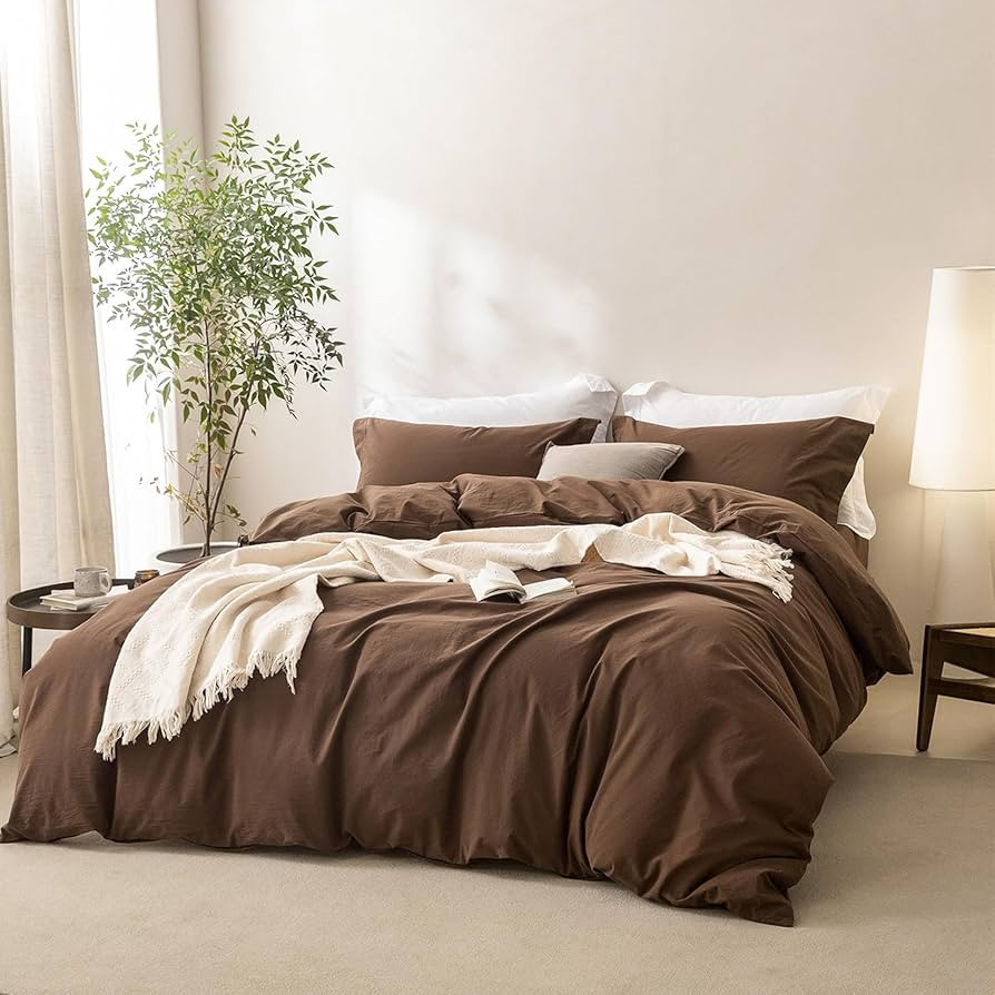 Linen Feel Cocoa Brown Duvet Cover Queen Size 90'' L x 90'' W, Percale 100% Washed Cotton Duvet C... | Amazon (US)