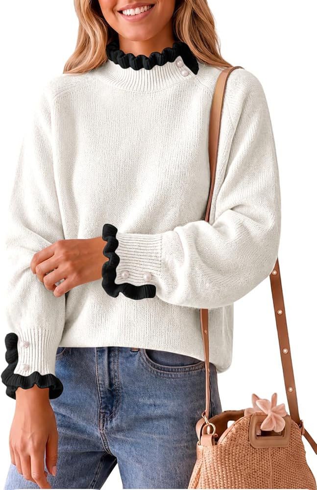 Saodimallsu Womens Mock Neck Ruffle Sweater Tops Pearl Knit Pullovers | Amazon (US)