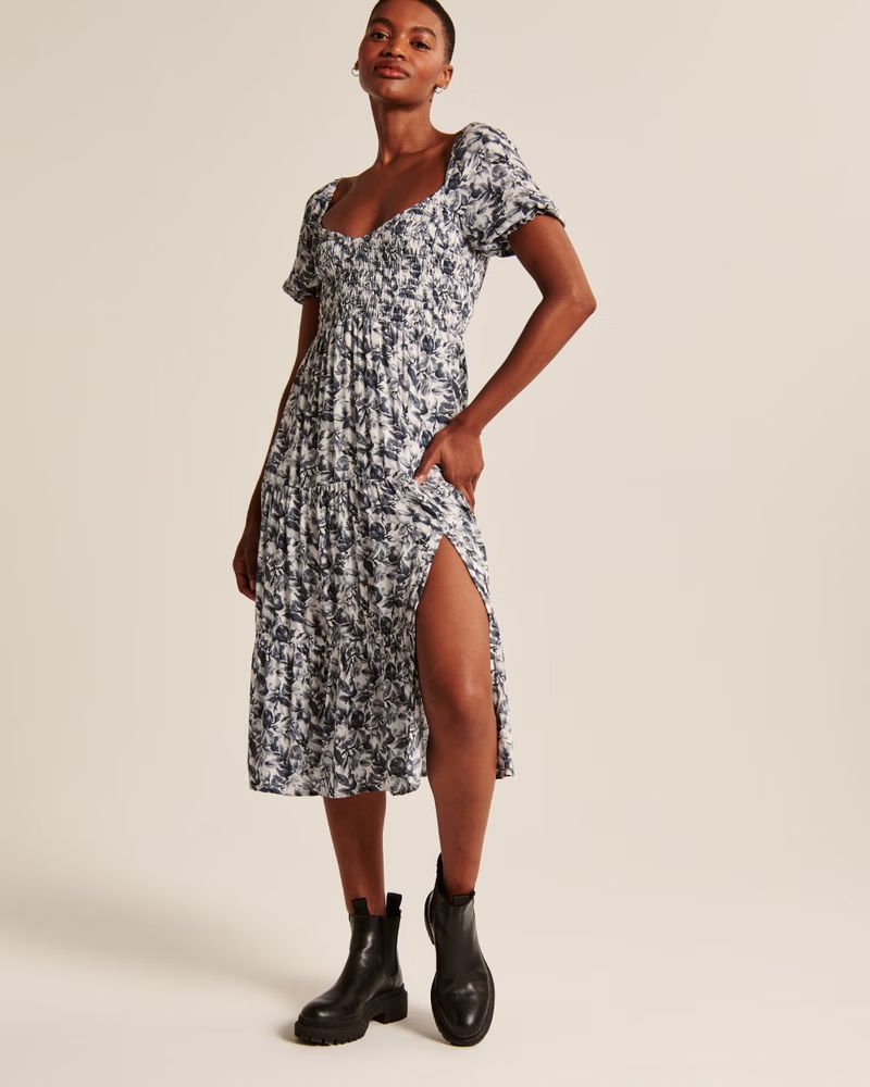 Short-Sleeve Smocked Midi Dress | Abercrombie & Fitch (US)