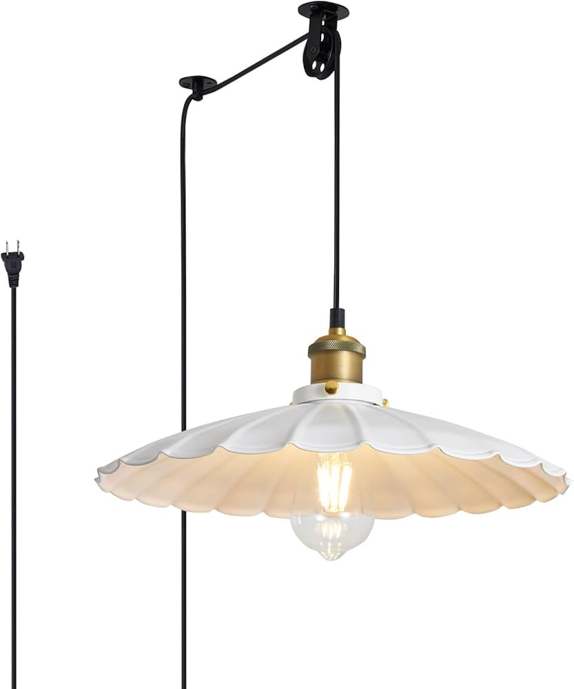 Hanging Plug in Pendant Light 13.8 Inch Round Metal Shade Vintage White Pendant Light for Kitchen... | Amazon (US)