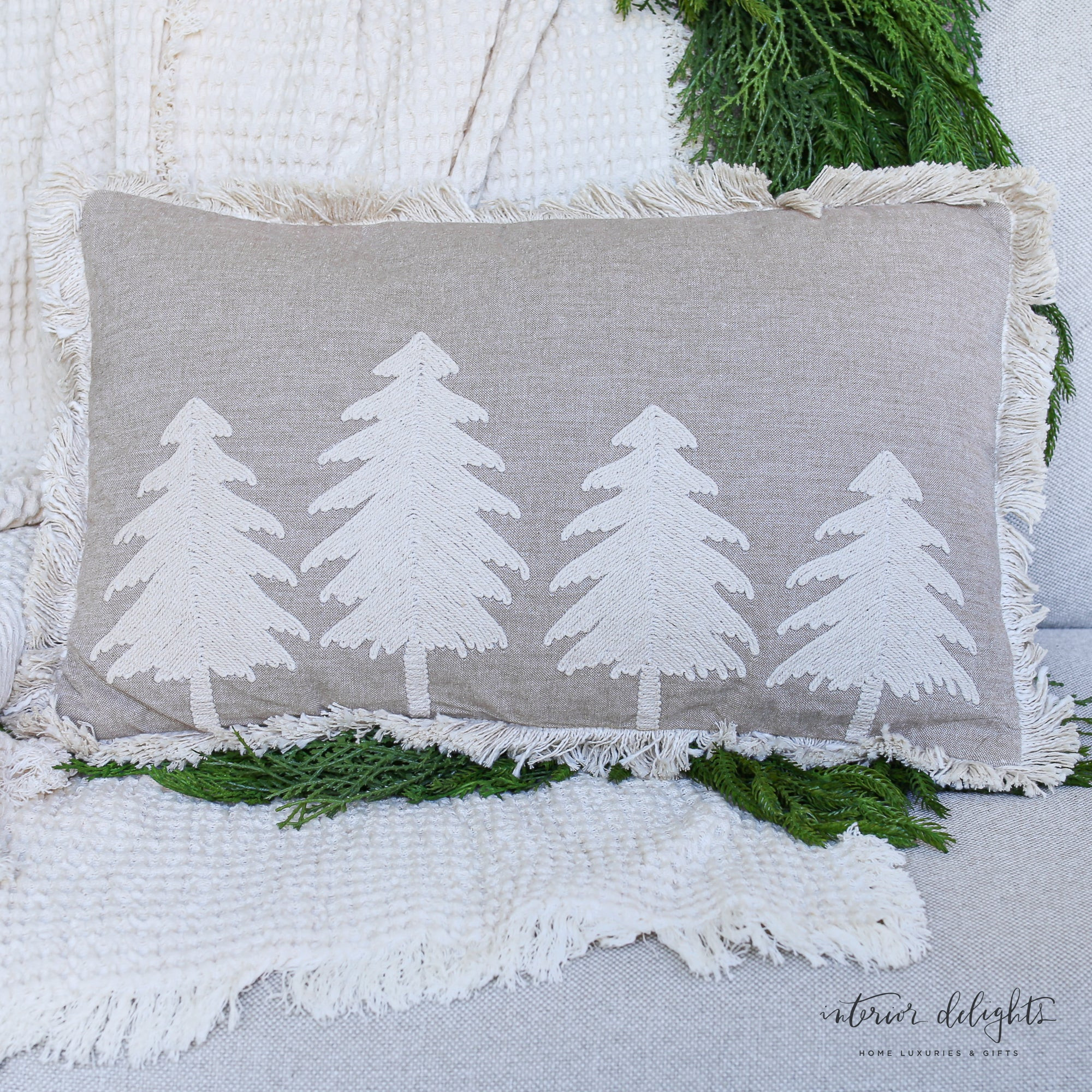 Beige 4 Tree Christmas Lumbar Pillow | Interior Delights