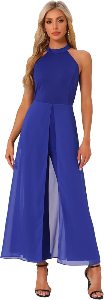 Allegra K Jumpsuit for Women Chiffon Sleeveless Halter Neck Wide Leg 2026 Dressy Casual Jumpsuits | Amazon (US)