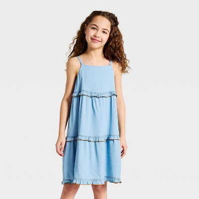 Girls' Ruffle Trapeze Denim Dress - Cat & Jack™ Blue S | Target
