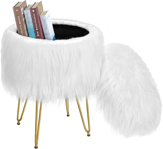 GREENSTELL Vanity Stool Chair 4 Metal Legs with Anti-Slip Pad, Round Faux Fur Storage Ottoman, So... | Amazon (US)