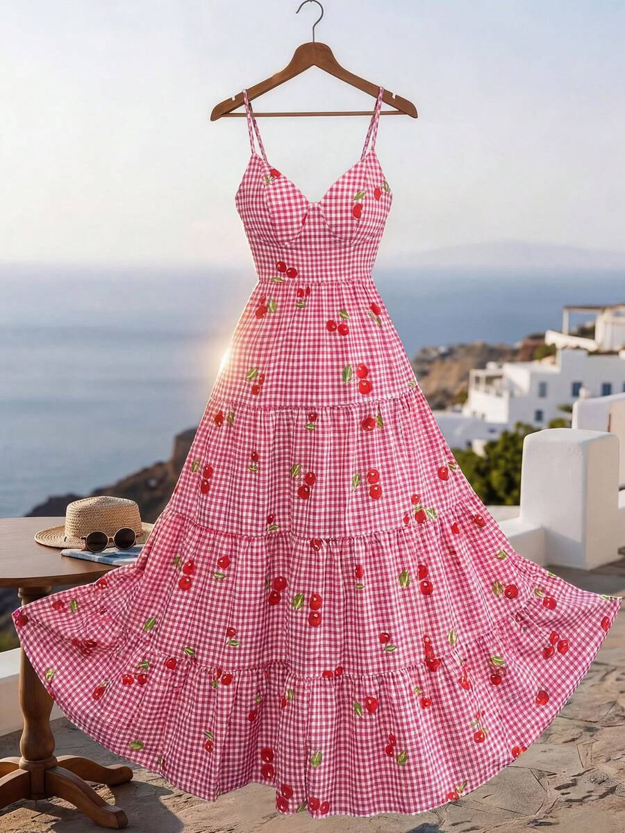 SHEIN Franclia Women's Red And White Plaid Cherry Print Maxi Dress,Summer Cottage Core Bow Back G... | SHEIN