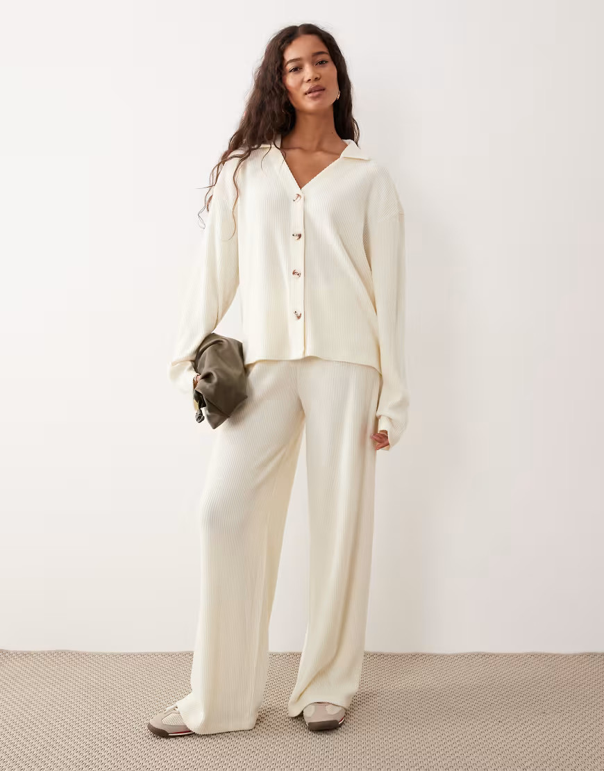 ASOS DESIGN Supersoft brushed rib wide leg trouser co-ord in winter white - GREY | ASOS (Global)
