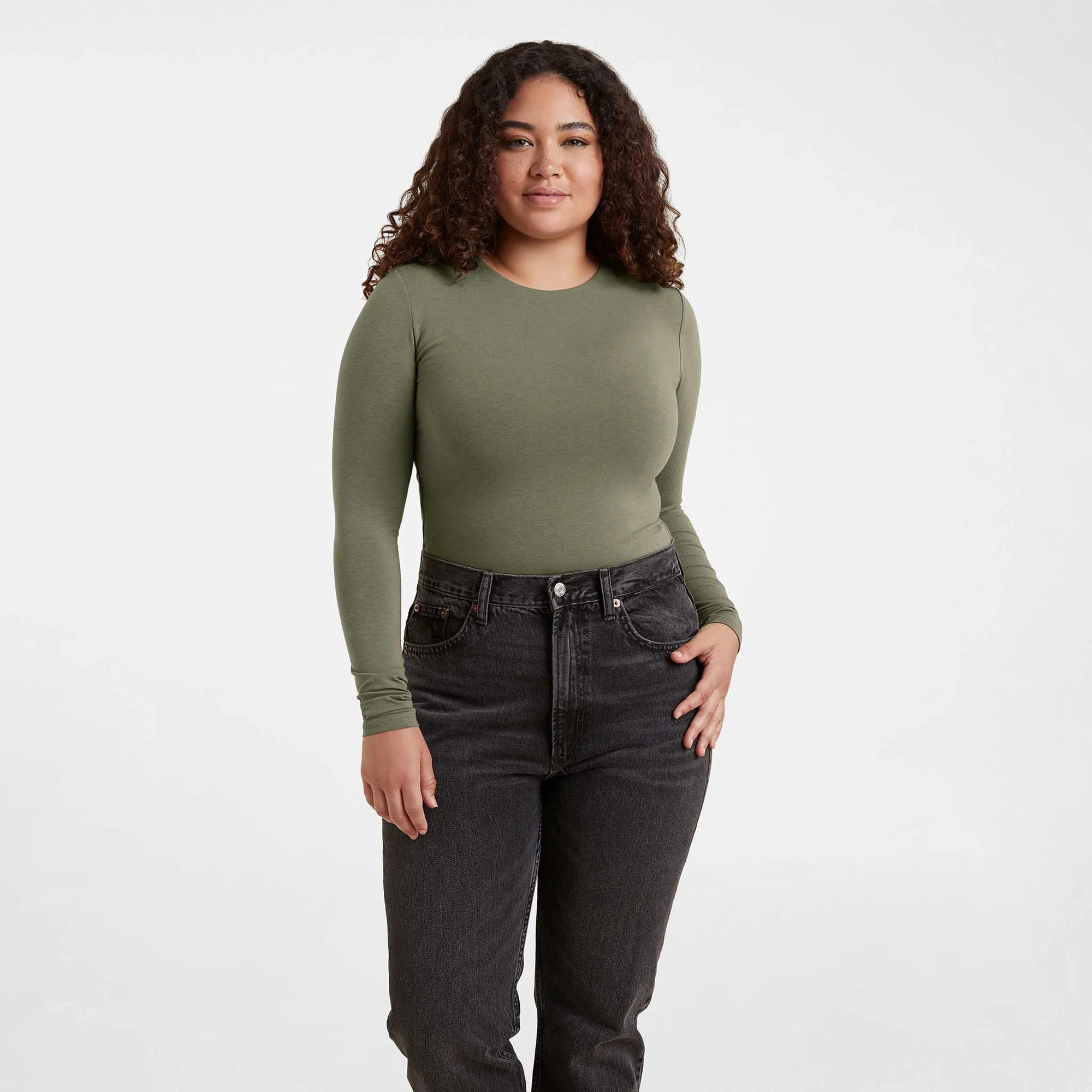 Cotton Stretch Long Sleeve Crewneck Bodysuit | White | Nuuds US