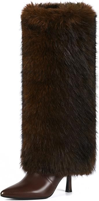 QLR Womens 3.3-inch Kitten Heel Knee High Fur Boots Furry Fuzzy Fluffy Pointed Toe Boots for Wome... | Amazon (US)