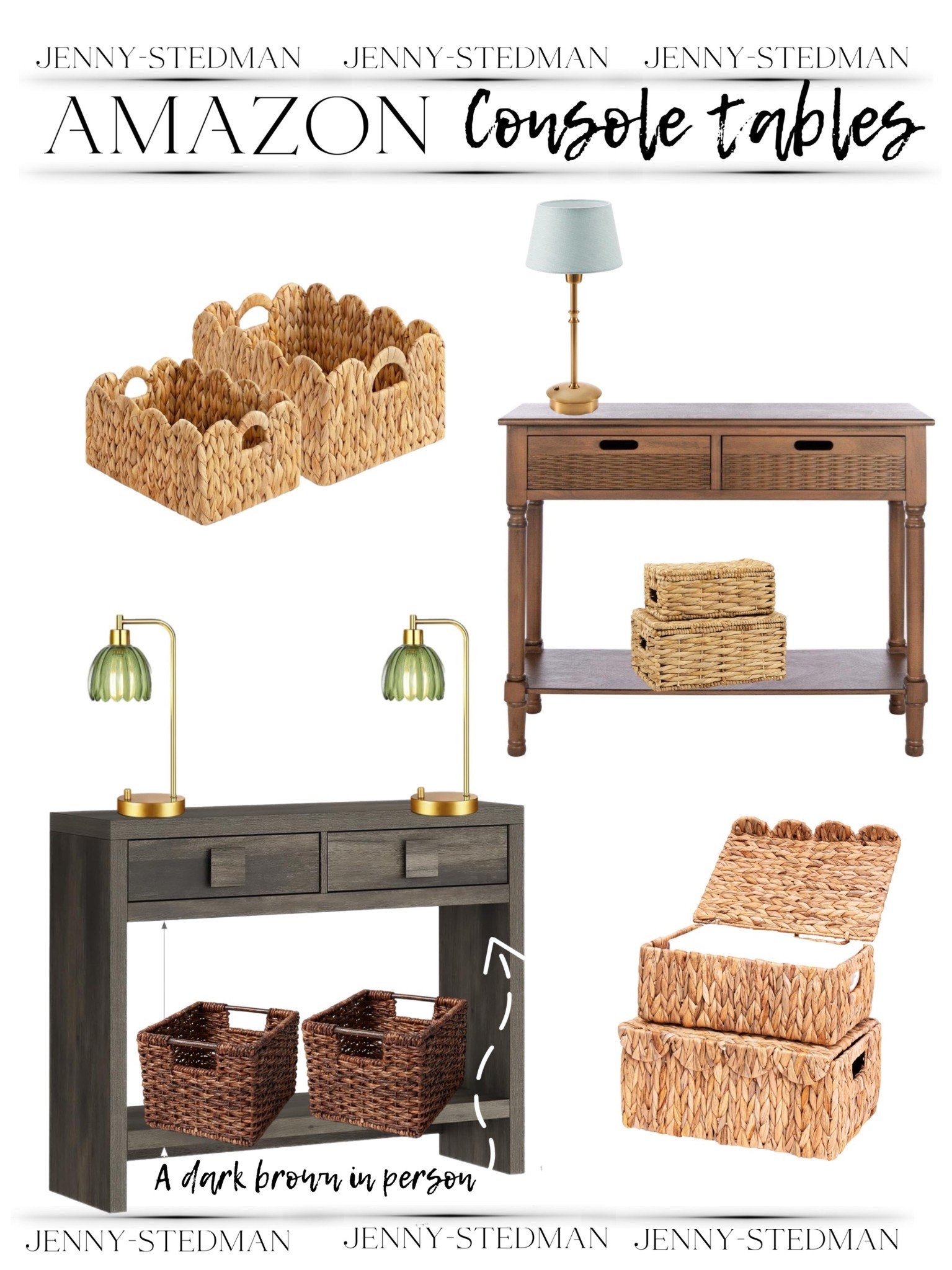 Amazon console tables, lamps and storage bins. 